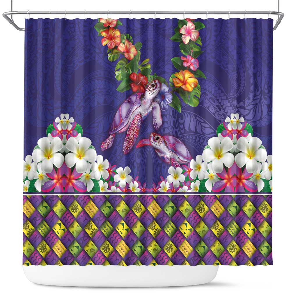 Hawaiian Lei Turtle and Plumeria Shower Curtain Polynerian Art Tattoo-Navy Color LT03 Navy - Polynesian Pride