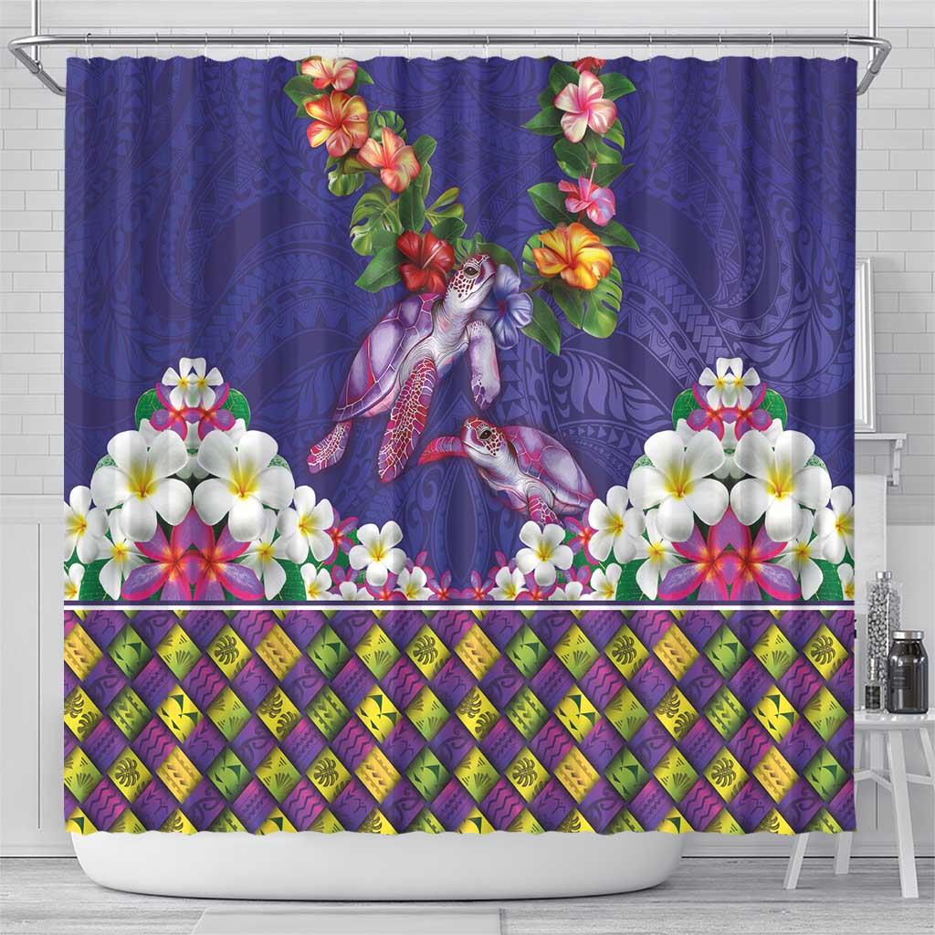 Hawaiian Lei Turtle and Plumeria Shower Curtain Polynerian Art Tattoo-Navy Color LT03 - Polynesian Pride