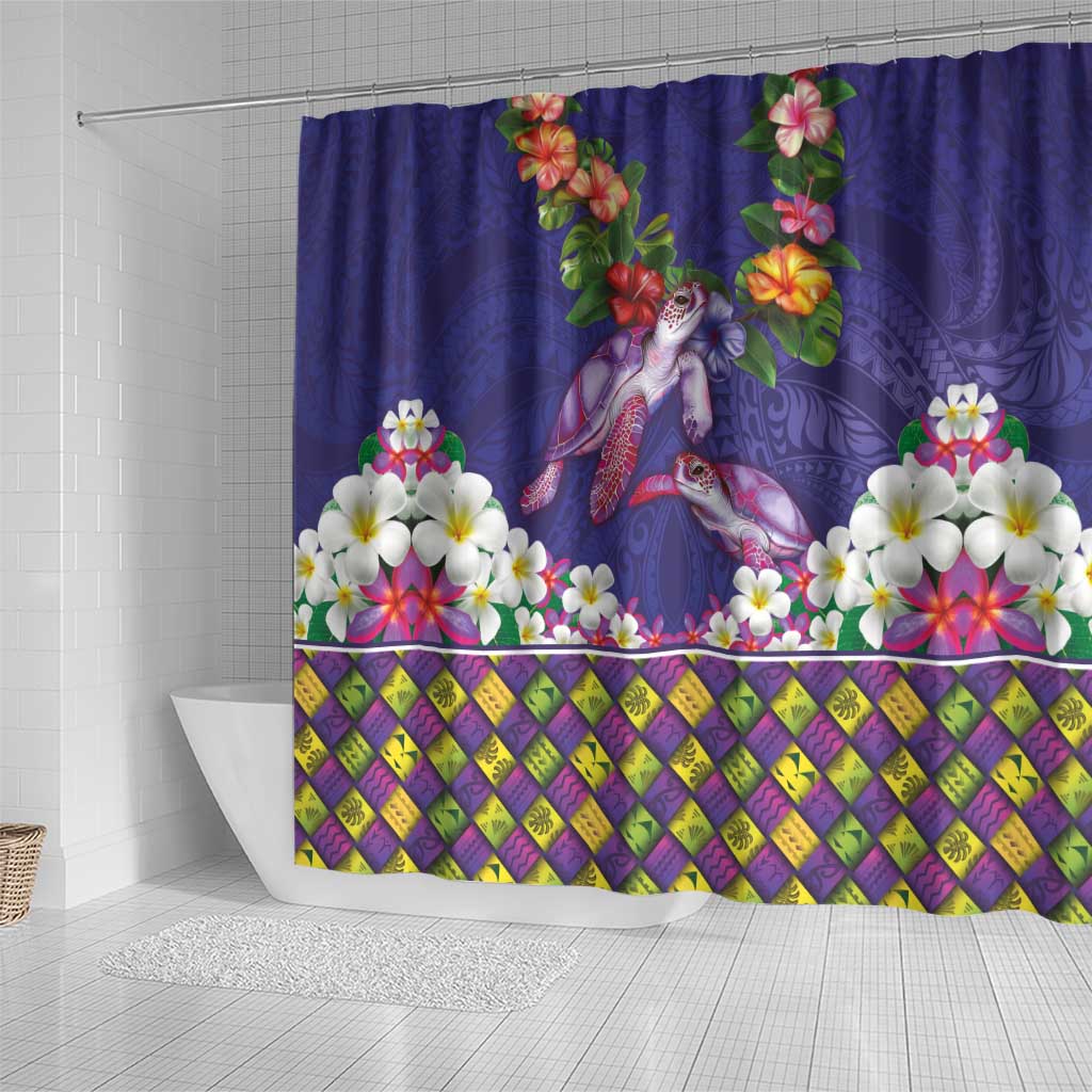 Hawaiian Lei Turtle and Plumeria Shower Curtain Polynerian Art Tattoo-Navy Color LT03 - Polynesian Pride