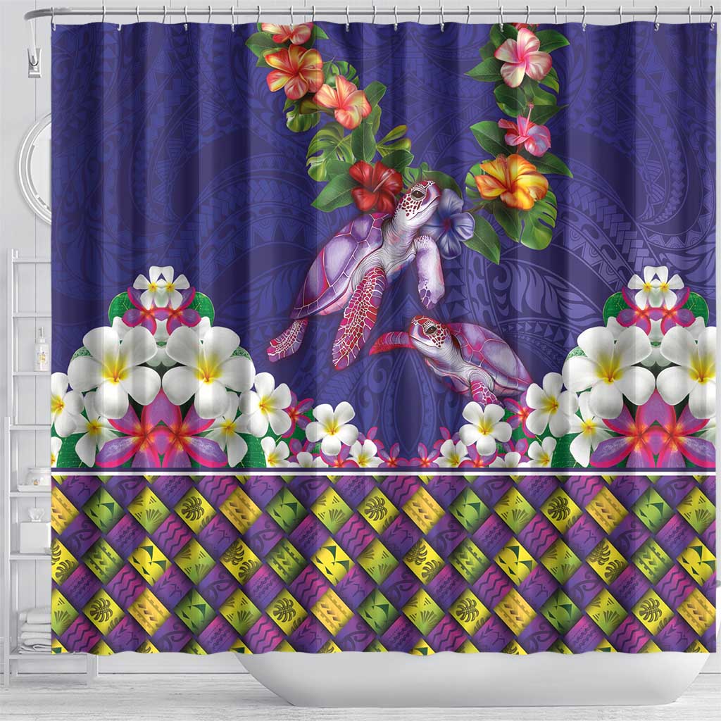 Hawaiian Lei Turtle and Plumeria Shower Curtain Polynerian Art Tattoo-Navy Color LT03 - Polynesian Pride