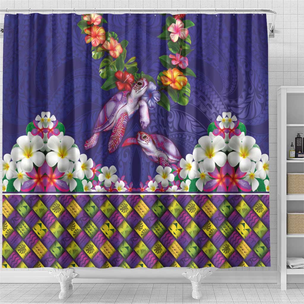 Hawaiian Lei Turtle and Plumeria Shower Curtain Polynerian Art Tattoo-Navy Color LT03 - Polynesian Pride