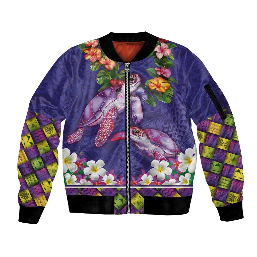 Hawaiian Lei Turtle and Plumeria Sleeve Zip Bomber Jacket Polynerian Art Tattoo-Navy Color LT03 Unisex Navy - Polynesian Pride