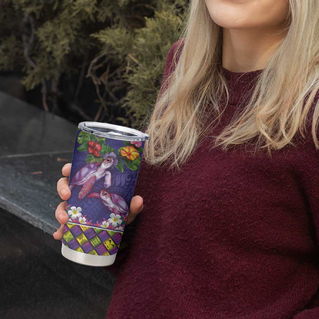 Hawaiian Lei Turtle and Plumeria Tumbler Cup Polynerian Art Tattoo-Navy Color