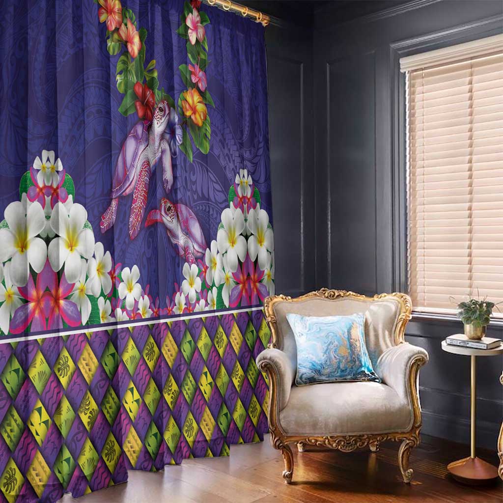 Hawaiian Lei Turtle and Plumeria Window Curtain Polynerian Art Tattoo-Navy Color