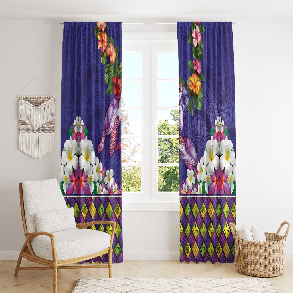 Hawaiian Lei Turtle and Plumeria Window Curtain Polynerian Art Tattoo-Navy Color