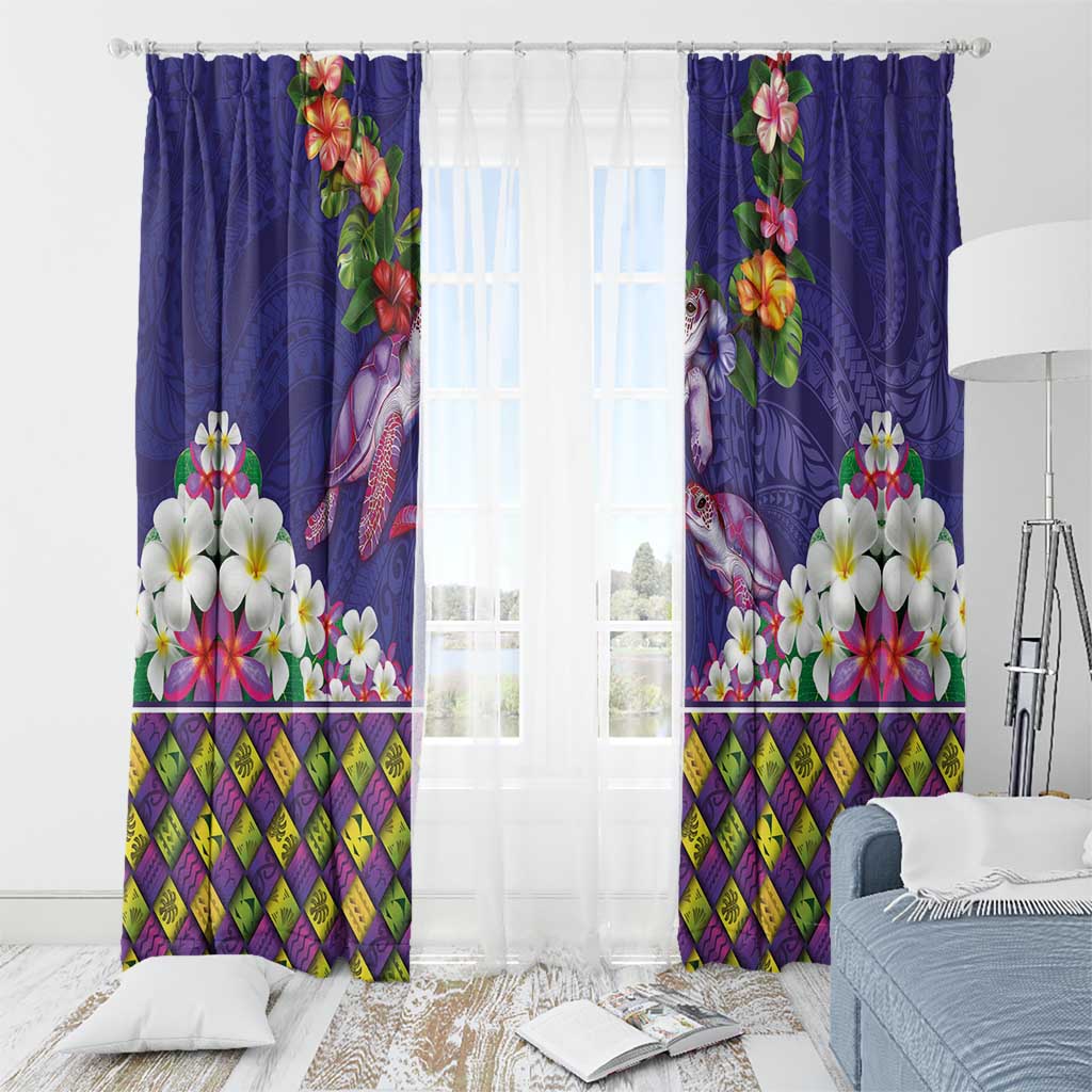 Hawaiian Lei Turtle and Plumeria Window Curtain Polynerian Art Tattoo-Navy Color