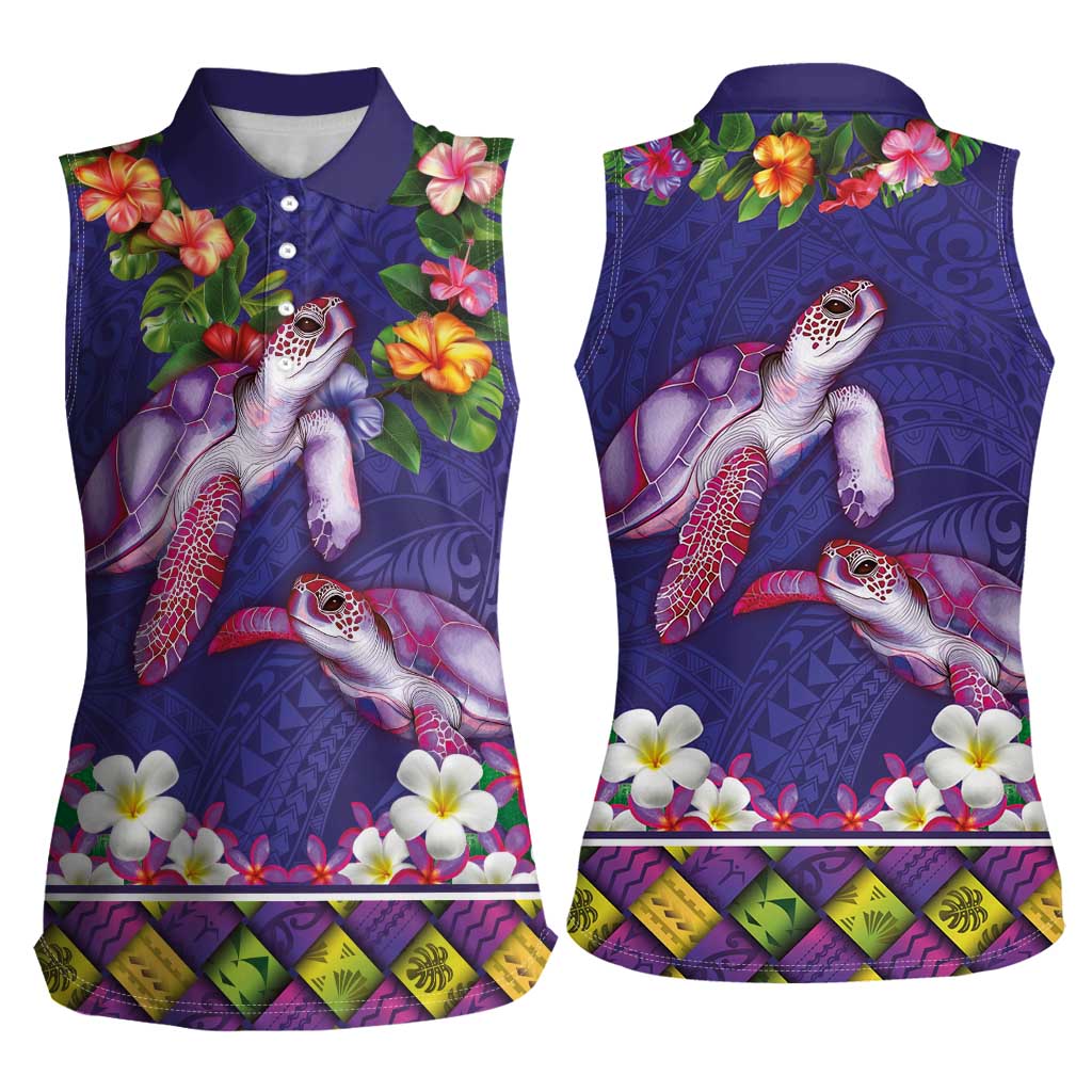 Hawaiian Lei Turtle and Plumeria Women Sleeveless Polo Shirt Polynerian Art Tattoo-Navy Color