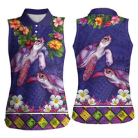Hawaiian Lei Turtle and Plumeria Women Sleeveless Polo Shirt Polynerian Art Tattoo-Navy Color
