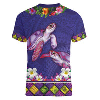 Hawaiian Lei Turtle and Plumeria Women V-Neck T-Shirt Polynerian Art Tattoo-Navy Color