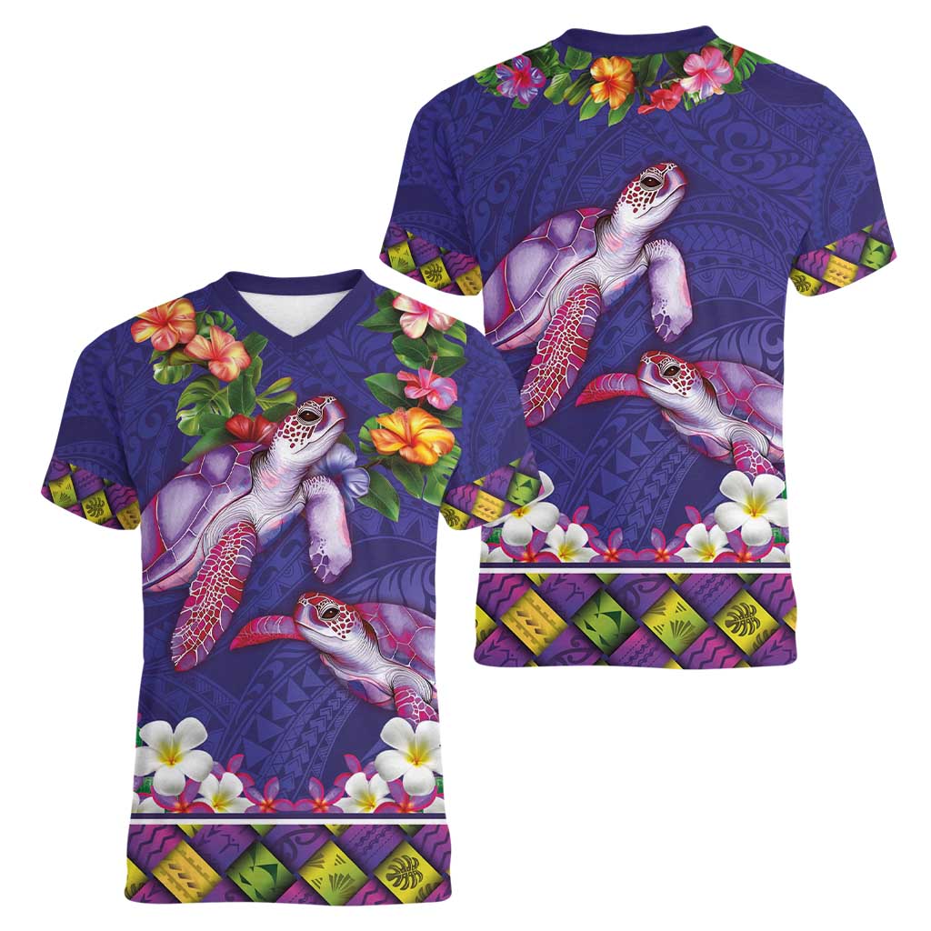 Hawaiian Lei Turtle and Plumeria Women V-Neck T-Shirt Polynerian Art Tattoo-Navy Color