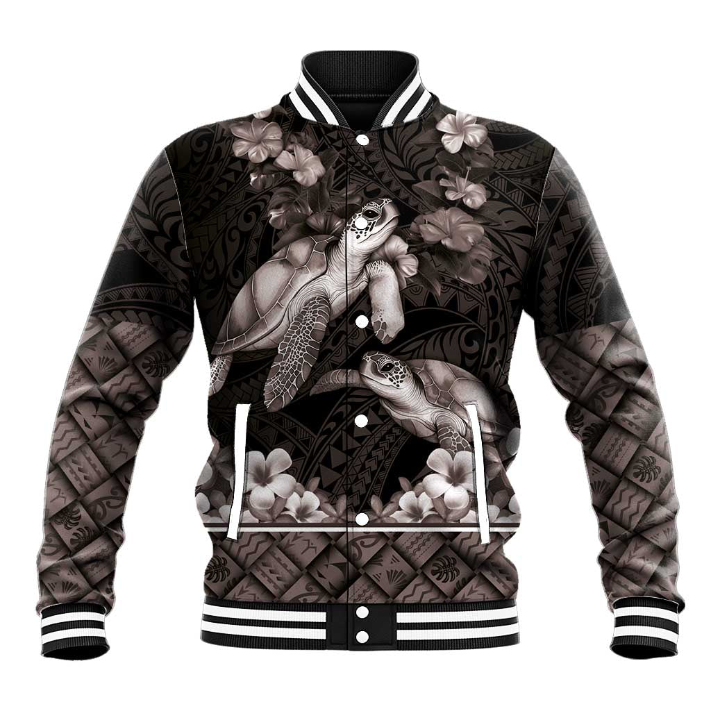 Hawaiian Lei Turtle and Plumeria Baseball Jacket Polynerian Art Tattoo-Grayscale Mode