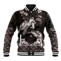 Hawaiian Lei Turtle and Plumeria Baseball Jacket Polynerian Art Tattoo-Grayscale Mode