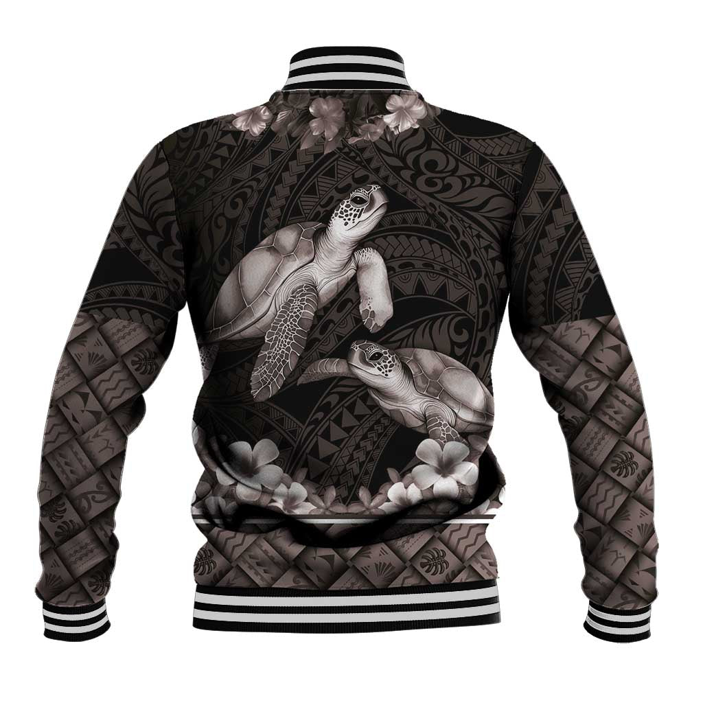 Hawaiian Lei Turtle and Plumeria Baseball Jacket Polynerian Art Tattoo-Grayscale Mode