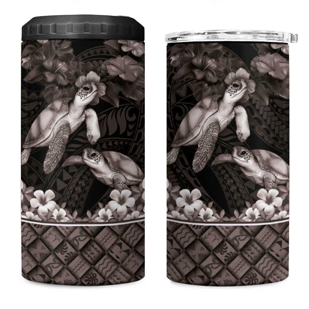 Hawaiian Lei Turtle and Plumeria 4 in 1 Can Cooler Tumbler Polynerian Art Tattoo-Grayscale Mode