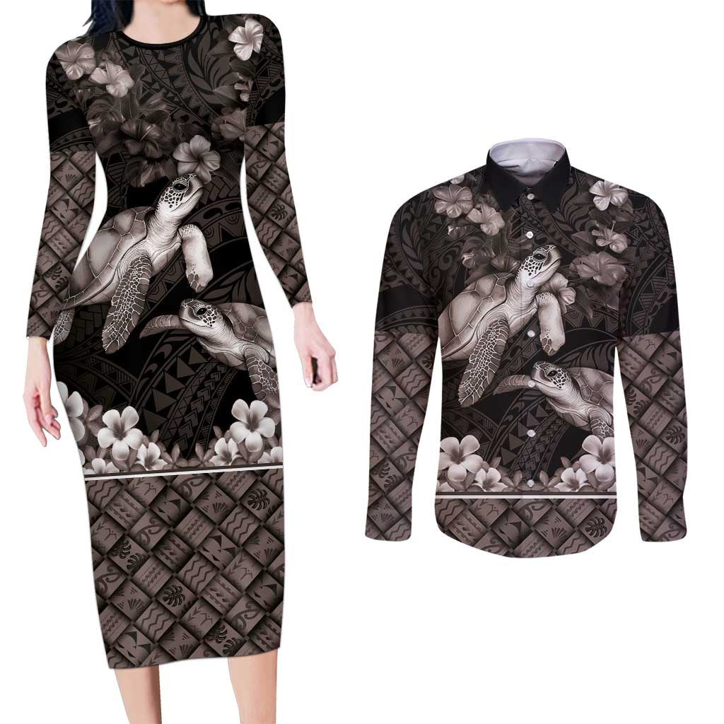 Hawaiian Lei Turtle and Plumeria Couples Matching Long Sleeve Bodycon Dress and Long Sleeve Button Shirt Polynerian Art Tattoo-Grayscale Mode LT03 Black - Polynesian Pride