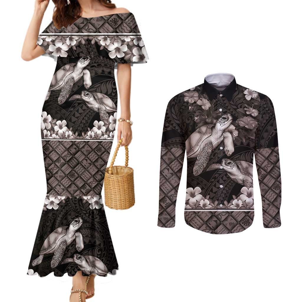 Hawaiian Lei Turtle and Plumeria Couples Matching Mermaid Dress and Long Sleeve Button Shirt Polynerian Art Tattoo-Grayscale Mode LT03 Black - Polynesian Pride