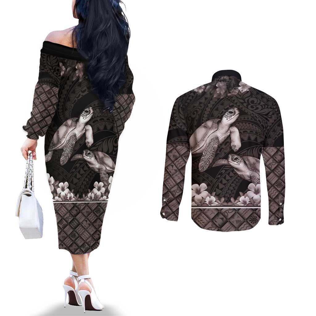 Hawaiian Lei Turtle and Plumeria Couples Matching Off The Shoulder Long Sleeve Dress and Long Sleeve Button Shirt Polynerian Art Tattoo-Grayscale Mode