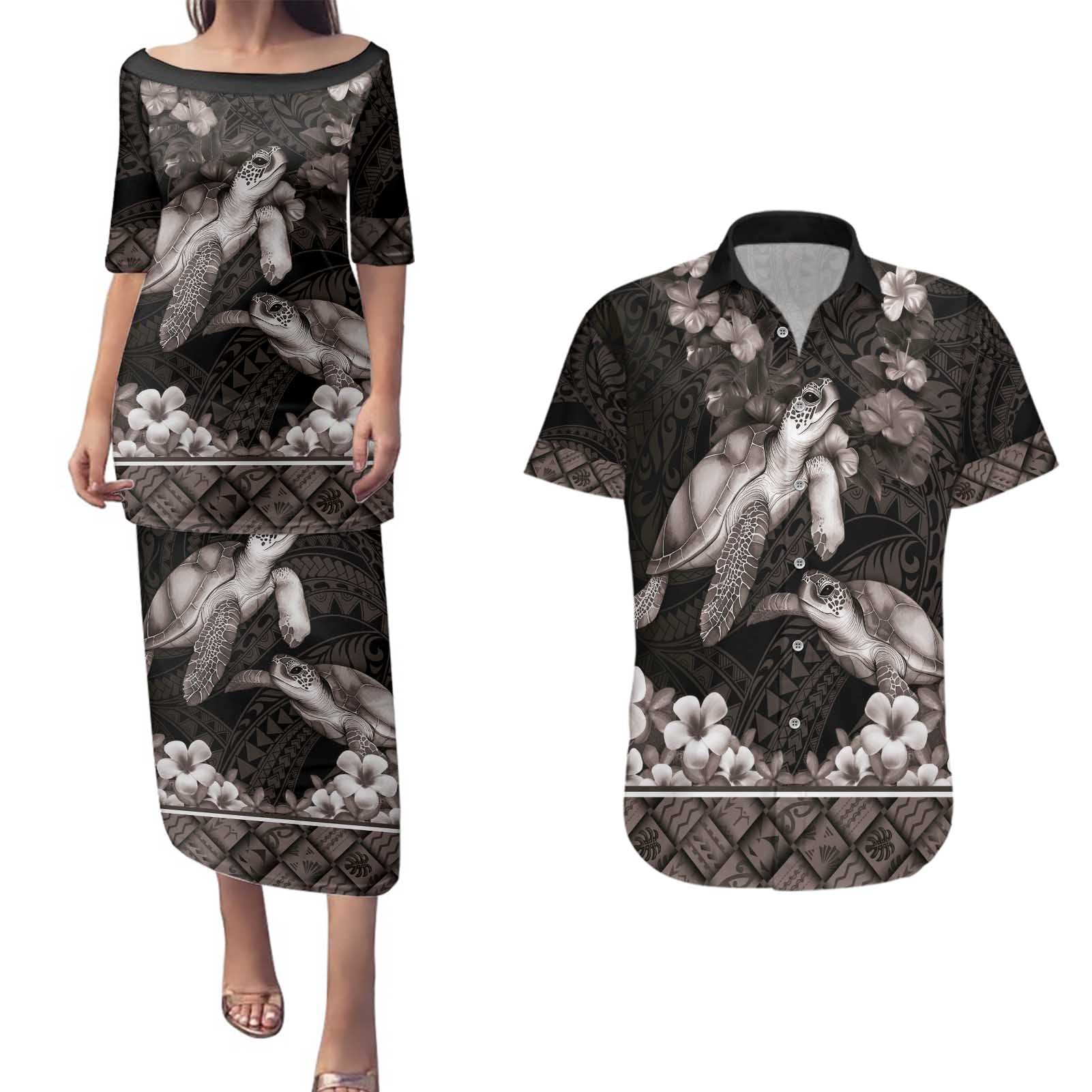 Hawaiian Lei Turtle and Plumeria Couples Matching Puletasi and Hawaiian Shirt Polynerian Art Tattoo-Grayscale Mode