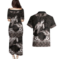 Hawaiian Lei Turtle and Plumeria Couples Matching Puletasi and Hawaiian Shirt Polynerian Art Tattoo-Grayscale Mode