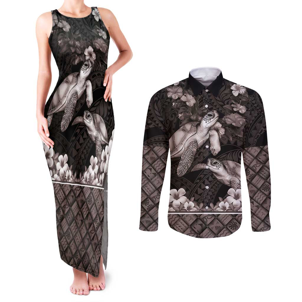 Hawaiian Lei Turtle and Plumeria Couples Matching Tank Maxi Dress and Long Sleeve Button Shirt Polynerian Art Tattoo-Grayscale Mode