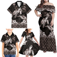 Hawaiian Lei Turtle and Plumeria Family Matching Off Shoulder Maxi Dress and Hawaiian Shirt Polynerian Art Tattoo-Grayscale Mode