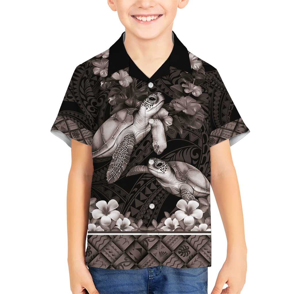 Hawaiian Lei Turtle and Plumeria Family Matching Off Shoulder Maxi Dress and Hawaiian Shirt Polynerian Art Tattoo-Grayscale Mode