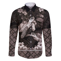 Hawaiian Lei Turtle and Plumeria Family Matching Off Shoulder Short Dress and Hawaiian Shirt Polynerian Art Tattoo-Grayscale Mode LT03 Dad's Shirt - Long Sleeve Black - Polynesian Pride
