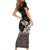 Hawaiian Lei Turtle and Plumeria Family Matching Short Sleeve Bodycon Dress and Hawaiian Shirt Polynerian Art Tattoo-Grayscale Mode