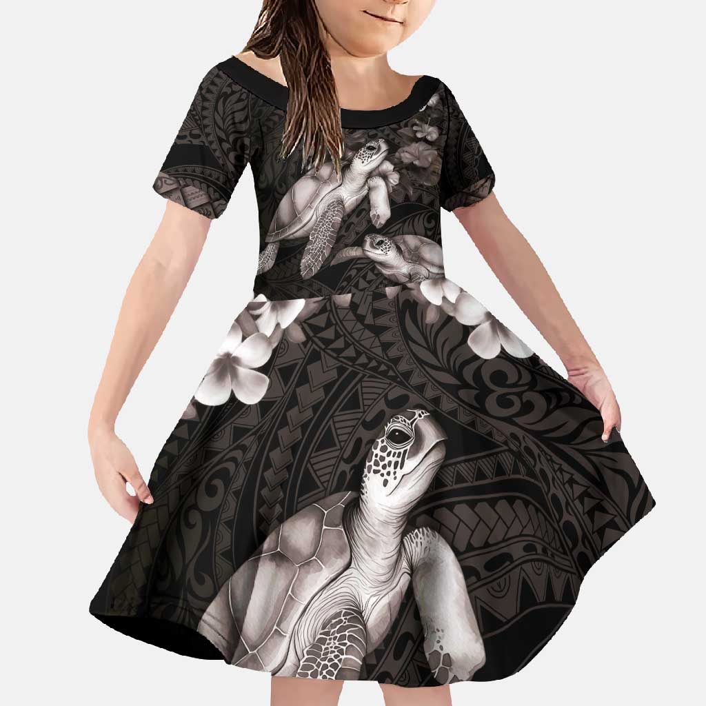 Hawaiian Lei Turtle and Plumeria Family Matching Tank Maxi Dress and Hawaiian Shirt Polynerian Art Tattoo-Grayscale Mode LT03 Daughter's Dress Black - Polynesian Pride