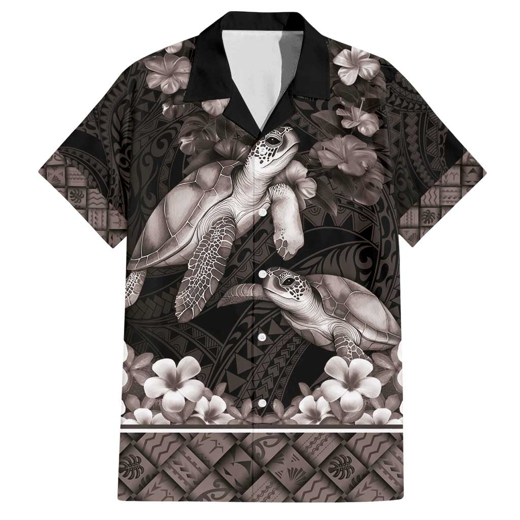Hawaiian Lei Turtle and Plumeria Family Matching Tank Maxi Dress and Hawaiian Shirt Polynerian Art Tattoo-Grayscale Mode LT03 Dad's Shirt - Short Sleeve Black - Polynesian Pride