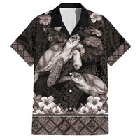 Hawaiian Lei Turtle and Plumeria Family Matching Tank Maxi Dress and Hawaiian Shirt Polynerian Art Tattoo-Grayscale Mode LT03 Dad's Shirt - Short Sleeve Black - Polynesian Pride