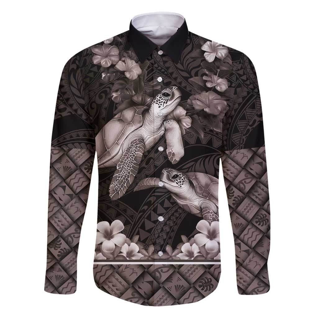 Hawaiian Lei Turtle and Plumeria Family Matching Tank Maxi Dress and Hawaiian Shirt Polynerian Art Tattoo-Grayscale Mode LT03 Dad's Shirt - Long Sleeve Black - Polynesian Pride