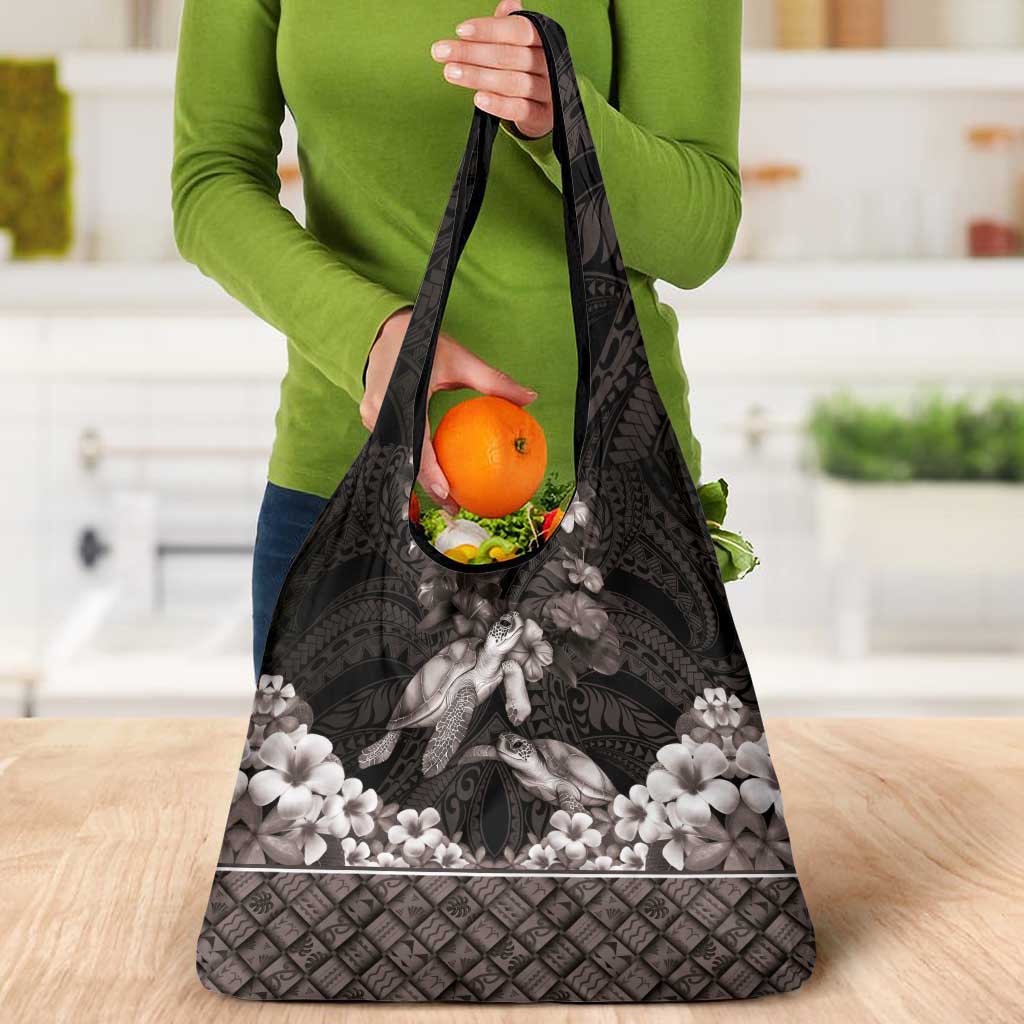 Hawaiian Lei Turtle and Plumeria Grocery Bag Polynerian Art Tattoo-Grayscale Mode