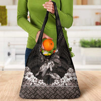 Hawaiian Lei Turtle and Plumeria Grocery Bag Polynerian Art Tattoo-Grayscale Mode