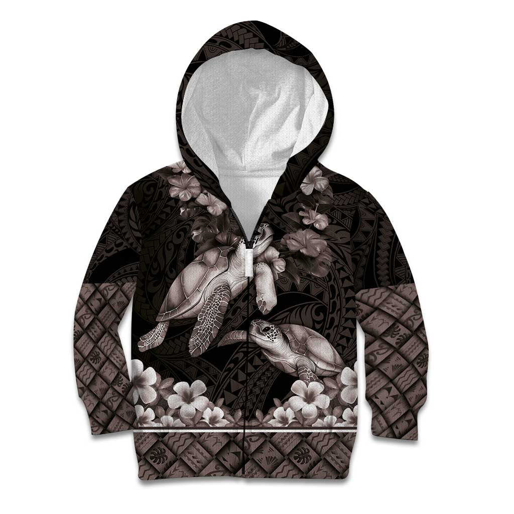 Hawaiian Lei Turtle and Plumeria Kid Hoodie Polynerian Art Tattoo-Grayscale Mode