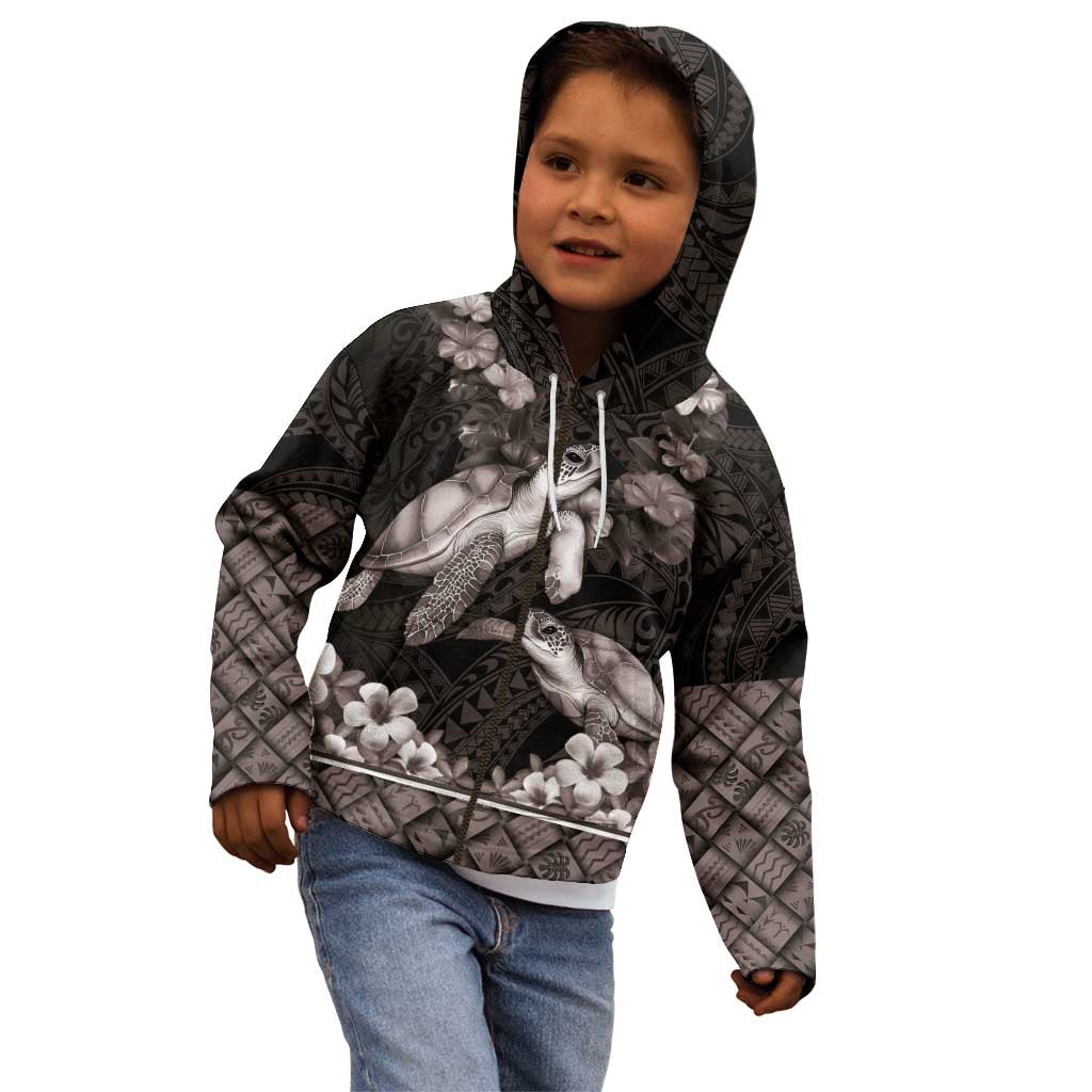 Hawaiian Lei Turtle and Plumeria Kid Hoodie Polynerian Art Tattoo-Grayscale Mode