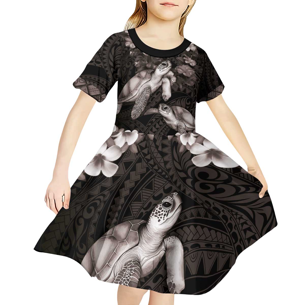 Hawaiian Lei Turtle and Plumeria Kid Short Sleeve Dress Polynerian Art Tattoo-Grayscale Mode