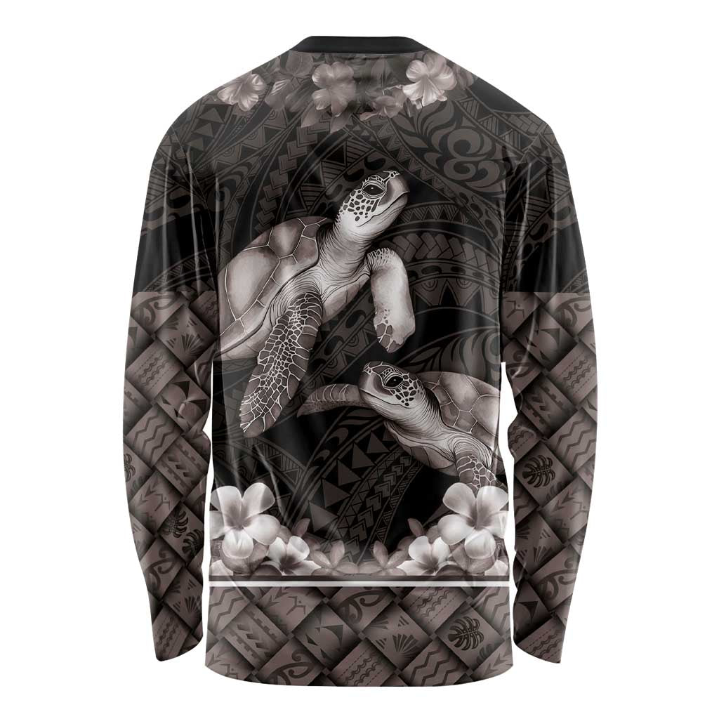 Hawaiian Lei Turtle and Plumeria Long Sleeve Shirt Polynerian Art Tattoo-Grayscale Mode