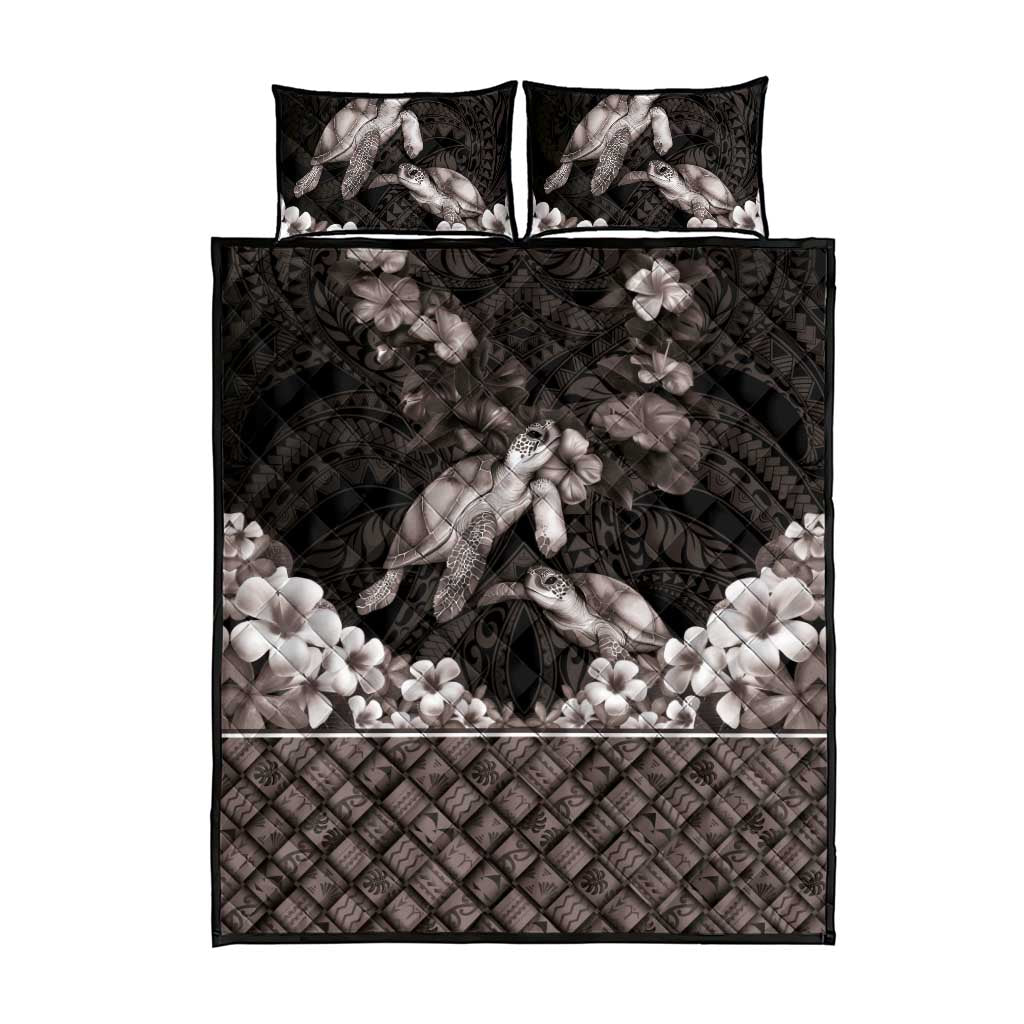 Hawaiian Lei Turtle and Plumeria Quilt Bed Set Polynerian Art Tattoo-Grayscale Mode