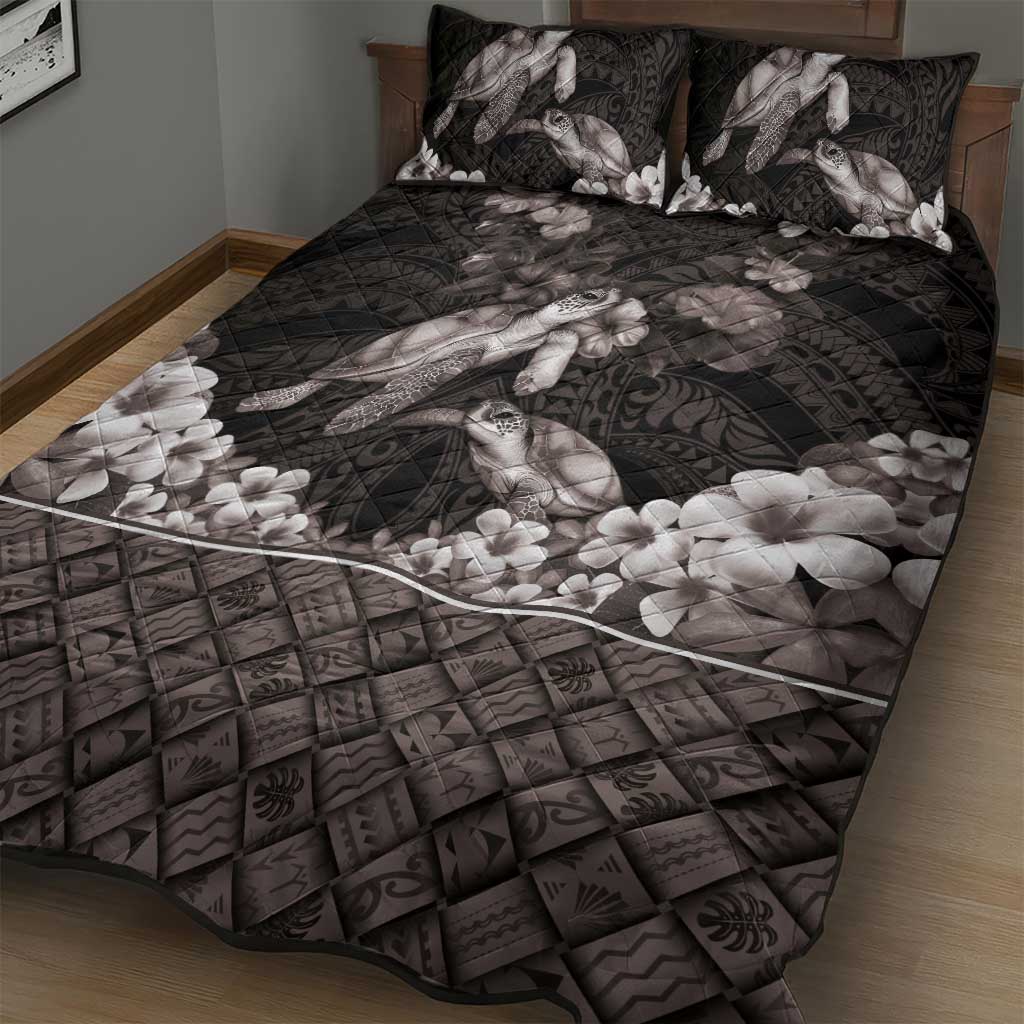 Hawaiian Lei Turtle and Plumeria Quilt Bed Set Polynerian Art Tattoo-Grayscale Mode