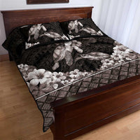 Hawaiian Lei Turtle and Plumeria Quilt Bed Set Polynerian Art Tattoo-Grayscale Mode