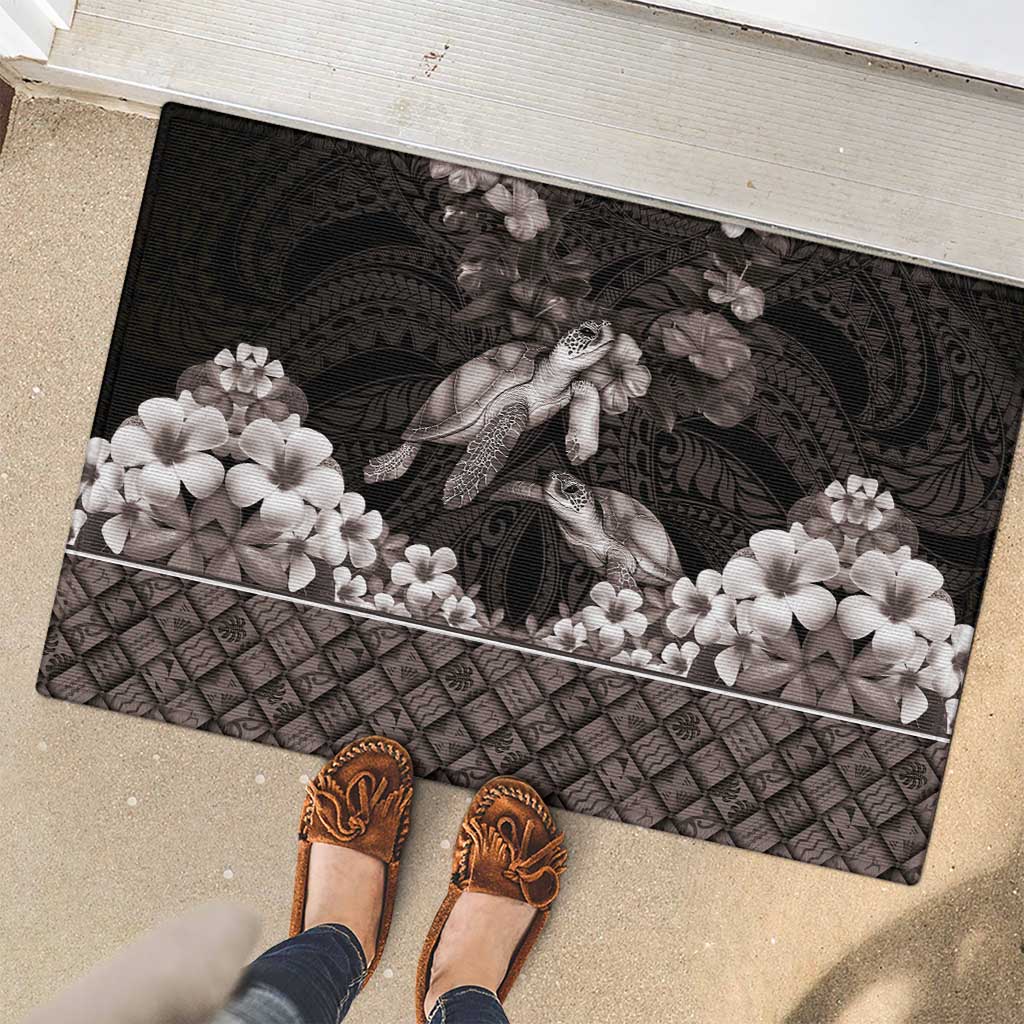 Hawaiian Lei Turtle and Plumeria Rubber Doormat Polynerian Art Tattoo-Grayscale Mode