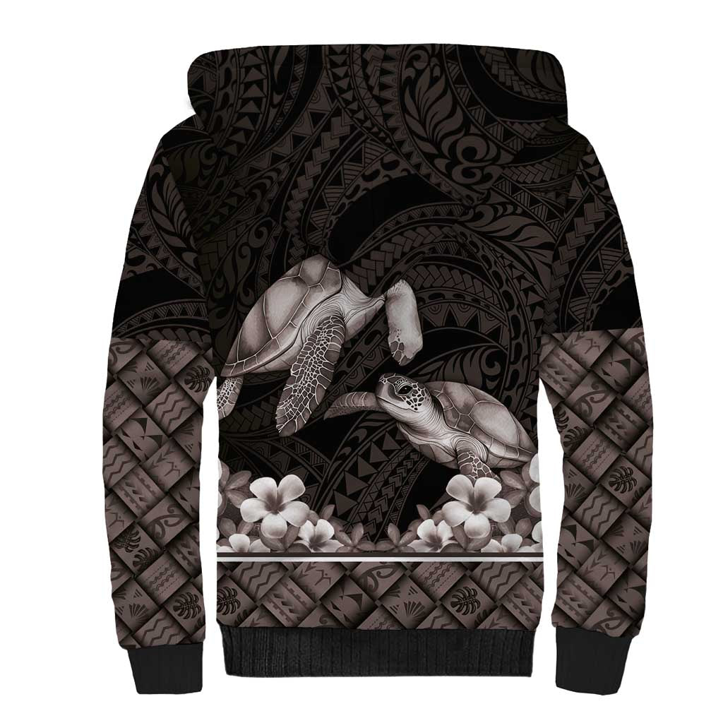 Hawaiian Lei Turtle and Plumeria Sherpa Hoodie Polynerian Art Tattoo-Grayscale Mode