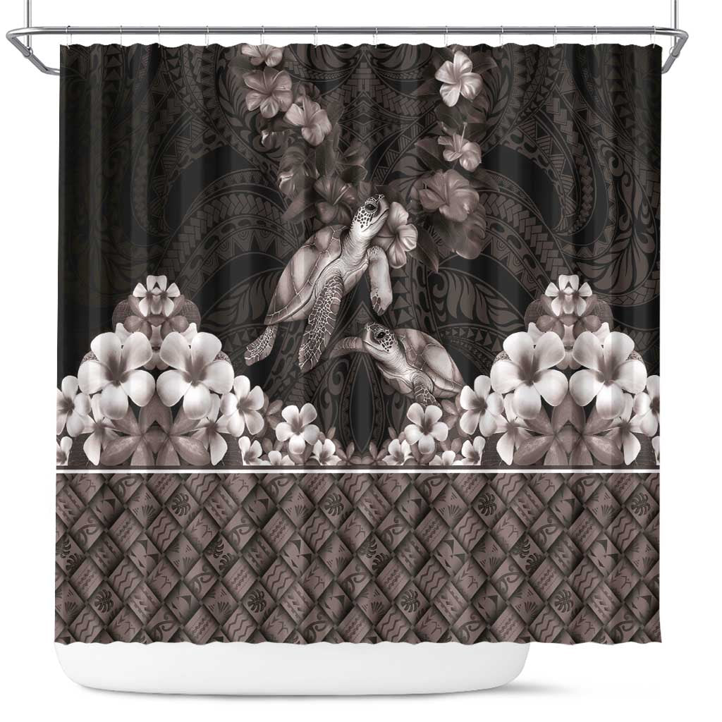 Hawaiian Lei Turtle and Plumeria Shower Curtain Polynerian Art Tattoo-Grayscale Mode LT03 Black - Polynesian Pride