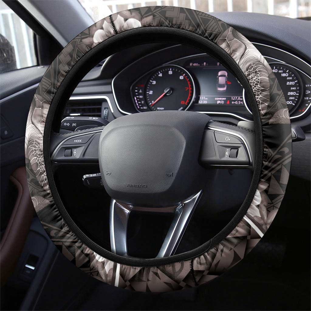 Hawaiian Lei Turtle and Plumeria Steering Wheel Cover Polynerian Art Tattoo-Grayscale Mode