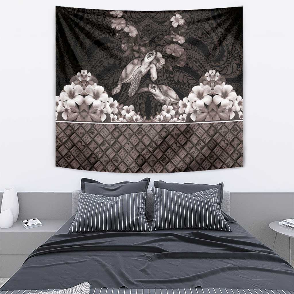 Hawaiian Lei Turtle and Plumeria Tapestry Polynerian Art Tattoo-Grayscale Mode