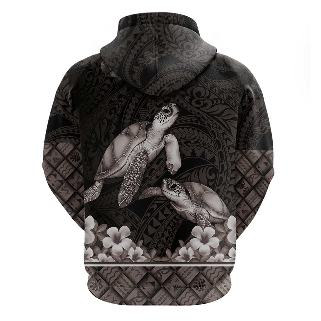 Hawaiian Lei Turtle and Plumeria Zip Hoodie Polynerian Art Tattoo-Grayscale Mode