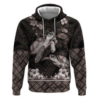Hawaiian Lei Turtle and Plumeria Zip Hoodie Polynerian Art Tattoo-Grayscale Mode