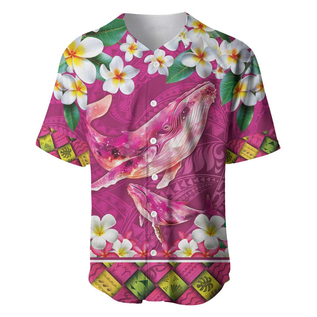 Hawaiian Plumeria and Humpback Whales Baseball Jersey Polynerian Art Tattoo-Plum Pink Color