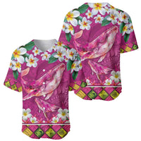 Hawaiian Plumeria and Humpback Whales Baseball Jersey Polynerian Art Tattoo-Plum Pink Color